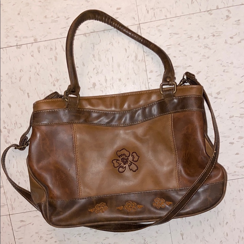 Brown Leather Bag/Purse with floral detailing « The Stone »